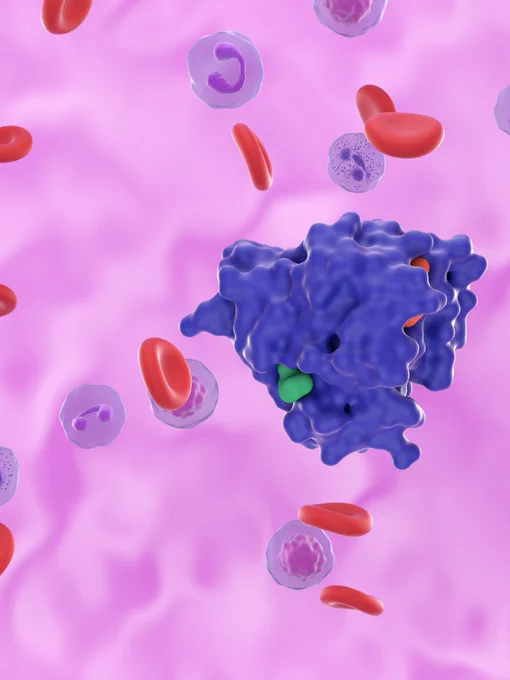 The image depicts a 3D rendering of blood cells with a prominent protein structure in blue. Red blood cells and purple cell-like structures are scattered against a light pink background.