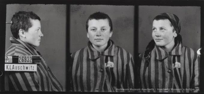 A mugshot registration photograph from Auschwitz. A woman wearing a striped uniform photographed in three positions (profile and front with a bare head and a photo with a slightly turned head with a headscarf on). The prisoner number is visible on a marking board on the left.
