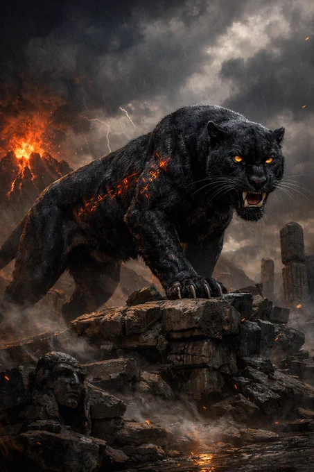 A colossal black panther named Vhar’kesh, the Hyborian Night‑Eater, stands atop shattered Stygian ruins under a storm‑torn sky. Ultra‑realistic 8k detail. Its obsidian fur absorbs light, rippling with silent predatory power. Ember‑gold eyes burn with ancient sorcery. Faint crimson‑gold runes glow across old scars on its flanks, pulsing like dying embers. Muscles coil beneath the fur like living steel. Cinematic natural lighting with sharp rim‑light outlining its silhouette against volcanic fire in the distance. Mist curls around broken stone idols and toppled columns. Dust and ash swirl in the wind. The panther’s fangs and claws gleam like polished bone. Atmosphere of ancient doom, primal strength, and forgotten magic. Hyper‑realistic textures: fur strands, cracked stone, drifting embers, moisture on whiskers, glowing runes. Epic, mythic, Hyborian sword‑and‑sorcery tone.