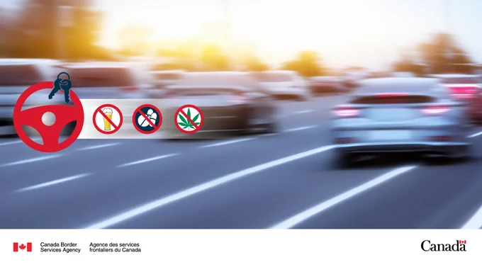 Illustrated graphic showing blurred cars on the road with warning icons for alcohol, narcotics, and cannabis use.