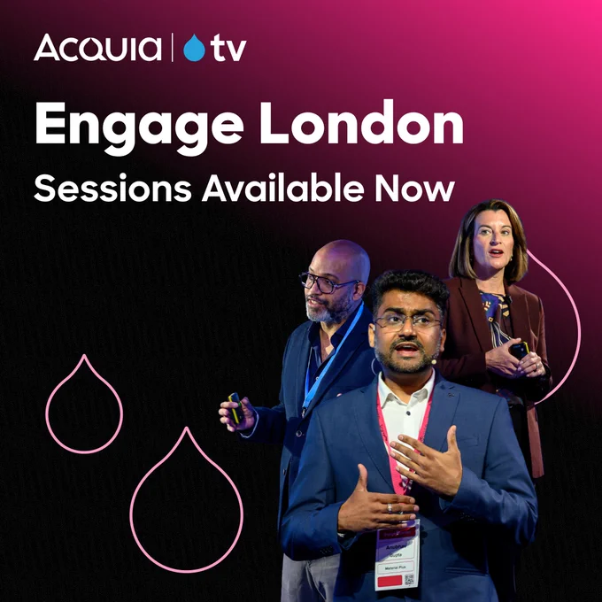 Three professionals presenting at Engage London event with Acquia TV branding on a pink and black gradient background.
