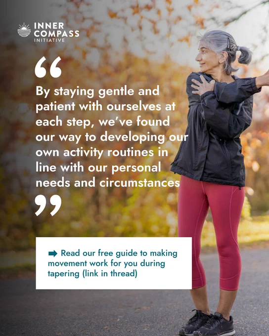 - Background image:

Mature woman wearing athletic clothing while doing shoulder stretching exercise, in front of trees in fall colors

- Text overlay—main text as a quote from the webpage linked in the thread:

"By staying gentle and patient with ourselves at each step, we’ve found our way to developing our own activity routines in line with our personal needs and circumstances"

- Text overlay—call to action in box:

"Read our free guide to making movement work for you during tapering (link in thread)"