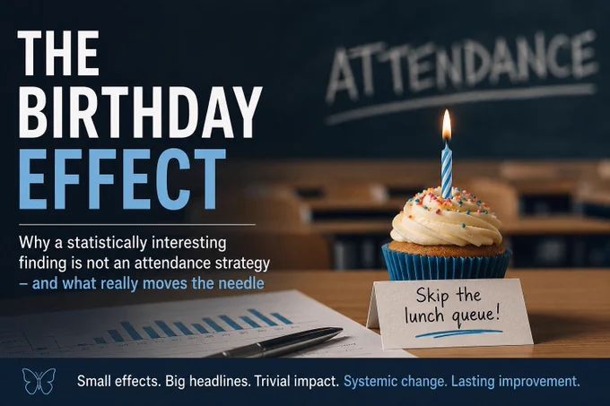 A birthday cupcake with a lit candle sits in an empty classroom beside attendance charts and data, symbolising the contrast between statistically interesting findings and meaningful school improvement.