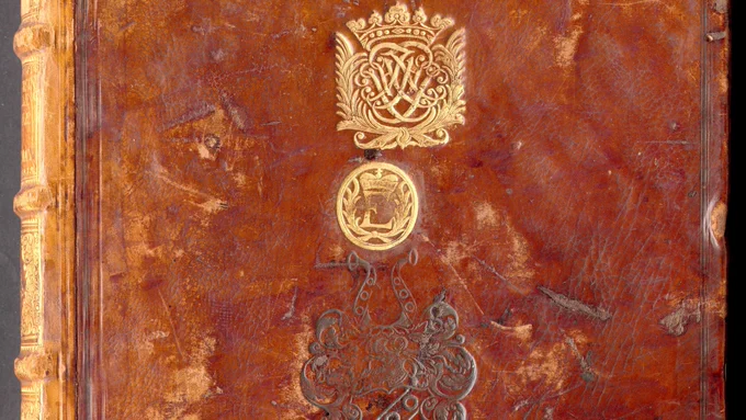 Bucheinband mit verschiedenen Wappen.