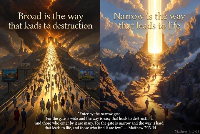 “Enter by the narrow gate. For the gate is wide and the way is easy that leads to destruction, and those who enter by it are many. For the gate is narrow and the way is hard that leads to life, and those who find it are few.” — Matthew 7:13-14