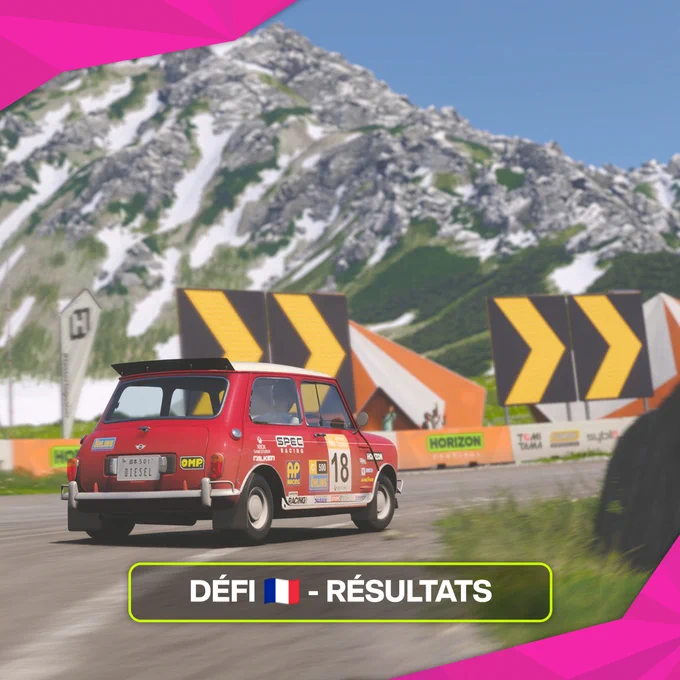A vintage red racing car with visible sponsorship logos is driving on a curving road in a mountainous area. The road is lined with black and orange directional signs. The background features snow-capped mountains and green hills. In the foreground, there's a banner with the words "Défi - Résultats" and a French flag icon.