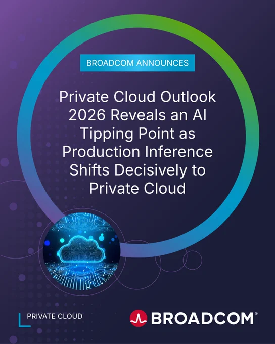 A social card from Broadcom announces the "Private Cloud Outlook 2026," highlighting an AI tipping point as production inference shifts to private cloud. The design features a circular graphic with a cloud icon, alongside Broadcom's logo.