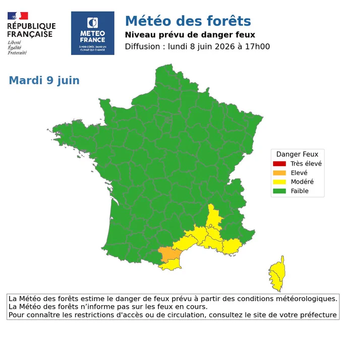 Carte de la Météo des forêts pour le mardi 9 juin.
