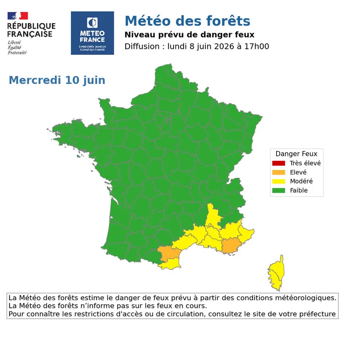 Carte de la Météo des forêts pour le mercredi 10 juin.