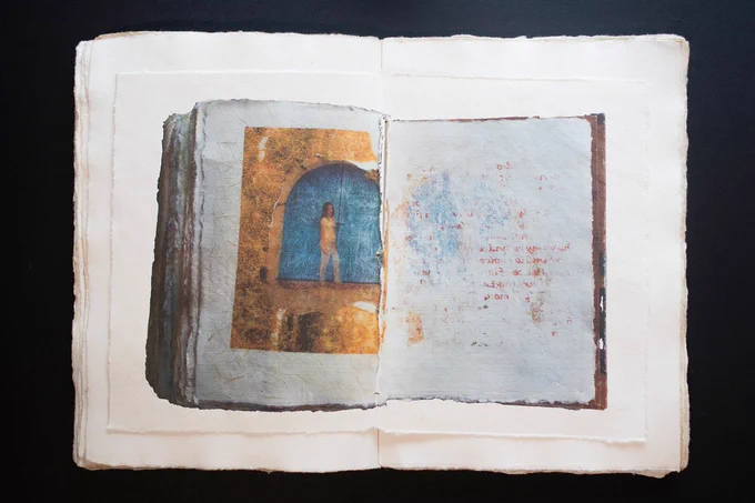 Tulu Bayar, Mosaic: Immigrant Stories Page 52 (2026). Citrus transfer on handmade paper. 8 x 10 in. Courtesy of the artist and Amos Eno Gallery