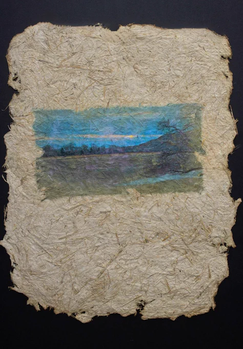 Tulu Bayar, Cultivated #2 (2025). Pigment transfer on handmade paper created in situ from soil and plant matter collected in the American West. 11 x 14 in. Courtesy of the artist and Amos Eno Gallery