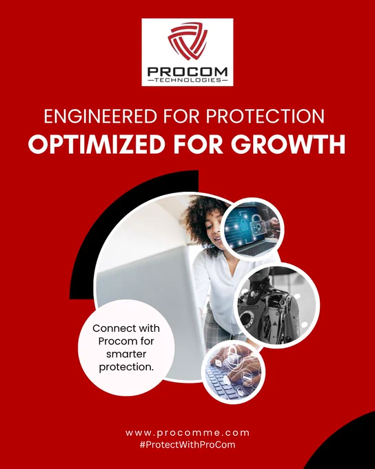 Promotional graphic from Procom Technologies featuring cybersecurity and digital transformation themes.The design highlights the importance of balancing security, innovation, and business growth, with Procom branding, website (www.procomme.com), and the hashtag #ProtectWithProCom.