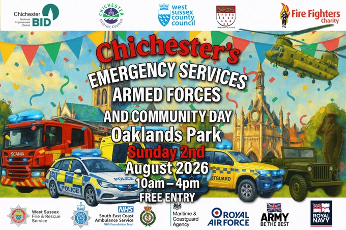 Poster for Chichester's Emergency Services, Armed Forces & Community Day on Sunday 2nd August 2026 at Oaklands Park. Free entry.