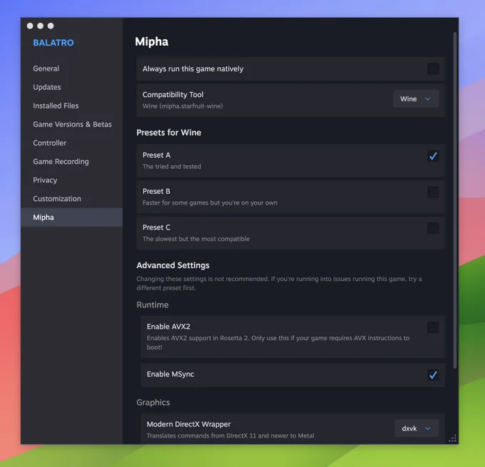 Steam game properties window with an extra tab "Mipha" containing Windows compatibility layer settings