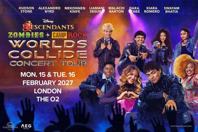 Promotional poster for Disney's Worlds Collide Concert Tour at The O2, featuring cast members in dynamic poses on stage.