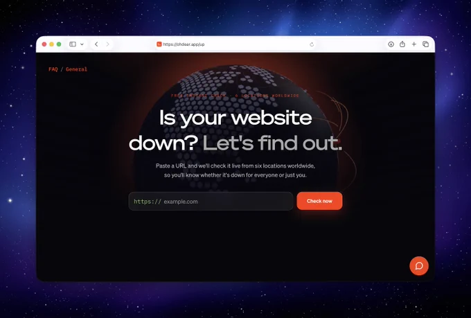 A website tool checks if your site is down from six global locations, featuring a form to enter a URL and a "Check now" button.