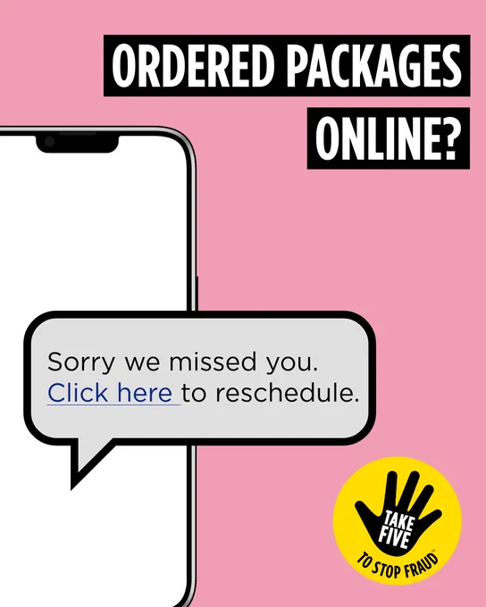Smartphone screen shows a message: "Sorry we missed you. Click here to reschedule."