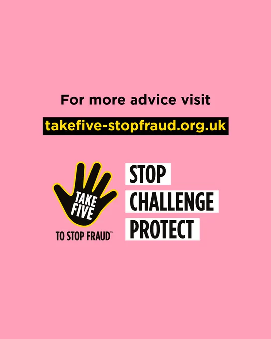 Take Five to Stop Fraud logo with 'Stop, Challenge, Protect' advice and website address.