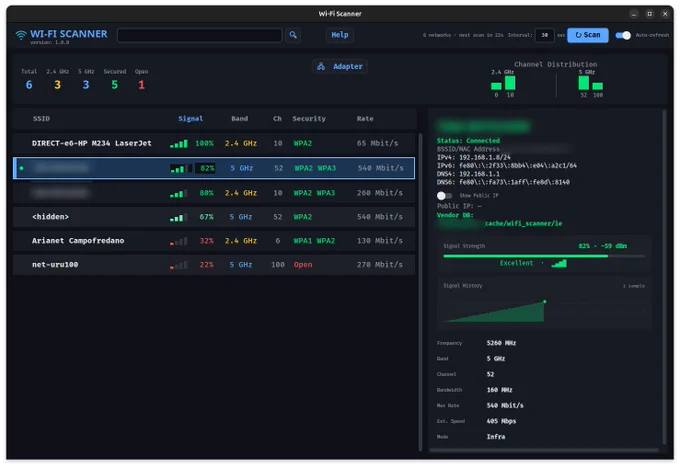 Screenshot of the Wi-Fi Scanner main interface showing nearby Wi-Fi networks, channel congestion, signal strength, security information, and detailed performance metrics for the selected network.