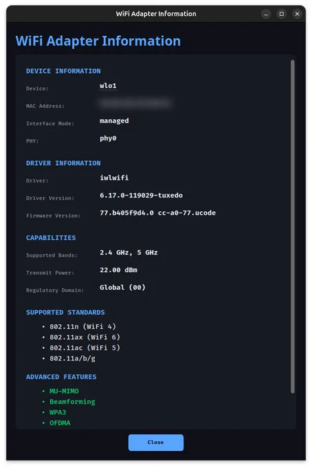 Screenshot of the Wi-Fi Scanner adapter information panel showing wireless hardware capabilities, driver details, supported Wi-Fi standards, frequency bands, and advanced features including WPA3 and Wi-Fi 6 support.