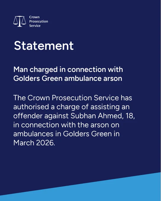 Statement from Crown Prosecution Service: Man charged with assisting arson of Golders Green ambulances.