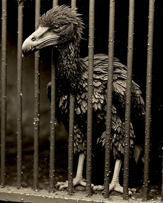 Wet vulture behind bars.