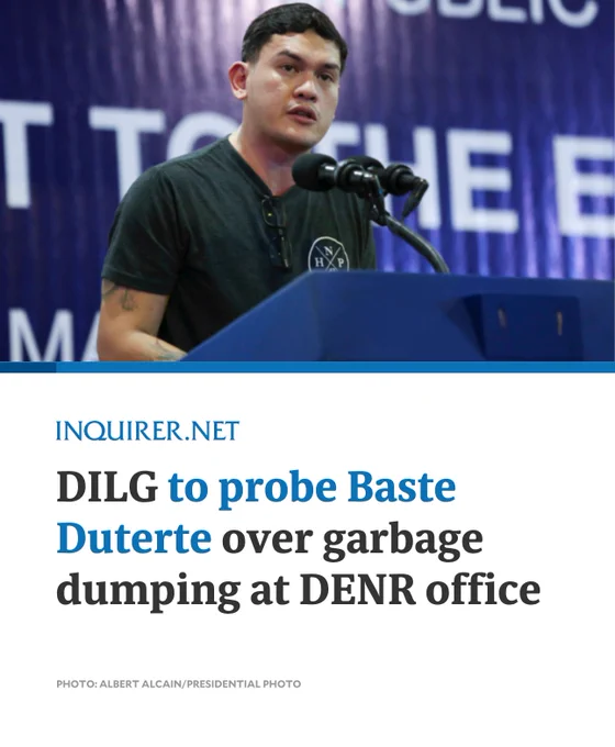 Davao City Mayor Sebastian “Baste” Duterte and other officials of the city government will be subjected to investigation for possible administrative lapses for ordering the dumping of pile of garbage in front of the regional office of the Department of Environment and Natural Resources (DENR) in the