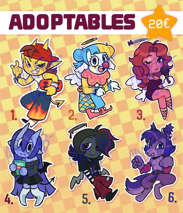 Adoptable ange & démon pour la pride month, 20€ l'unité!
1. Une démone sûre-d'elle avec un skate-board et une casquette à l'envers. Elle a des motif de flammes sur son pantalon et un bracelet trans, des cornes et une queue jaune. Des cheveux bruns

2. Un clown ange super joyeux, espiègle et arbore les couleurs pan.
Bleu, jaune, rose/rouge.

3. Une ange dragqueen rose et rouge, porte une robe sexy et des gants blancs, son auréole porte un petit nœud. Porte un micro et chante.

4. Une démone timide qui tient un livre de fanfic lesbiennes, elle est bleue et ses cheveux aussi. Ailes, une queue de démon. Porte un haut rendant ses épaules visibles, une jupe et de longs collants blancs. Ses jambes sont des jambes de chèvres. 

5. Un ange émo, cheveux noir, mèches rouge, grande mèche devant le visage. Son auréole est ensanglantée. Yeux rouge, haut noir et blanc, pantalon rouge. Patch du drapeau gay sur ce dernier.

6. Un antropomorphe au couleur bleu/mauve/rose, bi. Porte des piercings.