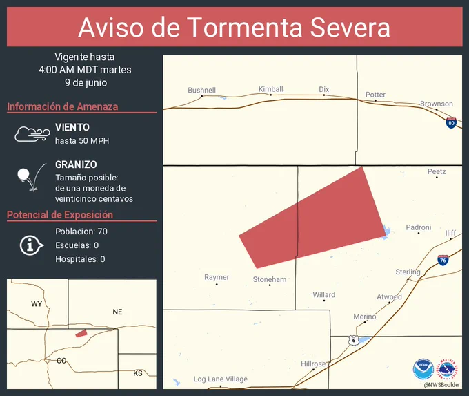 Este gráfico muestra la localización en el mapa de un aviso de tormenta severa. El aviso estará en efecto hasta las 4:00 AM MDT. El aviso incluye a Logan County, CO. El aviso incluye el noroeste del condado de Logan en el noreste de Colorado y el noreste del condado de Weld en el noreste de Colorado. Las amenazas asociadas a este aviso son: ráfagas de viento de 50 MPH y granizo del tamaño de una moneda de veinticinco centavos. Hay 70 personas bajo este aviso incluyendo 0 escuelas y 0 hospitales.