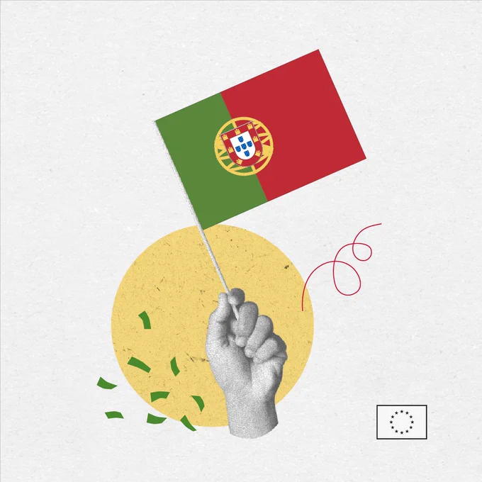 A stylised black-and-white hand waves the Portuguese flag against a pale background, with green confetti, a yellow circle and a small European Union flag in the corner suggesting a celebratory European event.
