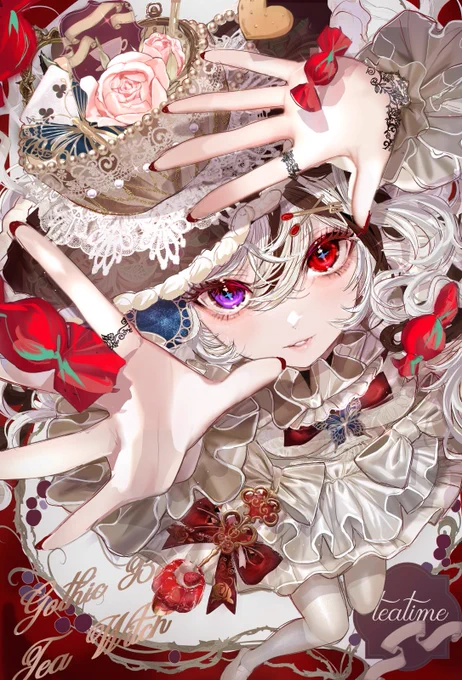 リアル系厚塗りで描かれた、メルヘンゴシックなアリスのお茶会をモチーフにしたオリジナルキャラクター魔女ショコラ。ハイアングルの浮遊感ある俯瞰構図で、印象的な赤と紫のオッドアイがこちらを見つめ、手を優雅にかざしています。ティーカップを模した豪華な魔法帽子にバラや装飾が飾られ、白いゴシックドレスを纏っています。キャンディーやクッキーが上から舞い降りる中、甘い微笑みを浮かべる幻想的な一枚。アンティーク植物模様の赤い枠が、夢のようなお茶会の世界を演出しています。
A high-angle floating perspective in rich thick painting style. The original character 'Chocolat', a witch inspired by Alice's tea party, gazes at the viewer with striking red and purple odd eyes. She gracefully reaches out her hand while wearing a teacup-shaped gothic hat adorned with roses and ribbons, paired with a white gothic dress. Candies and cookies fall from above in a dreamy atmosphere. The antique red frame with plant patterns creates a melancholic yet sweet fairy-tale world.

