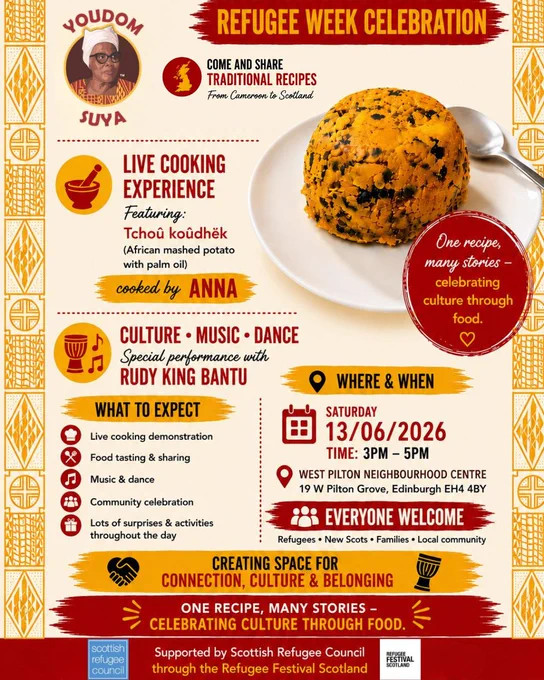 Youdom Soya Community Event for Refugee Week at West Pilton Neighbourhood Centre in Edinburgh on Saturday 13th June 2026.