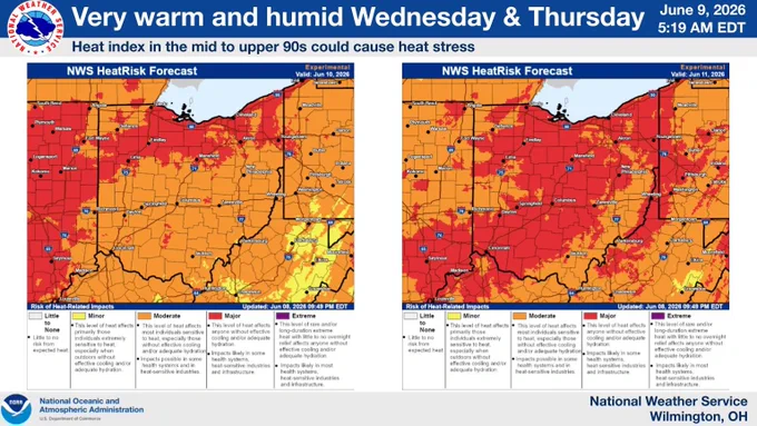 Maps showing experimental heat risk across the region for Wednesday and Thursday.