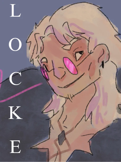 Illustration of Locke from league of legends. He’s smirking and looking to the side. Painted in a watercolour digital style. The name LOCKE is in big letters down the side of the painting