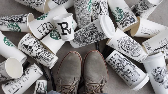 One of Rob Draper's illustrated Starbucks coffee cups from his Coffee Time project.