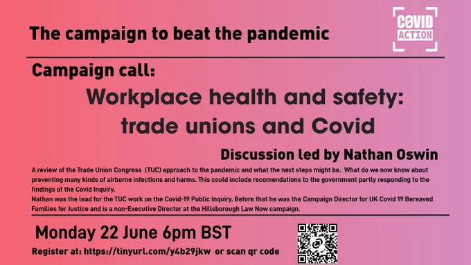 Meeting on the unions and what they're doing about health and safety in the workplace re Covid on Monday 22nd June at 6pm Register at  https://tinyurl.com/y4b29jkw