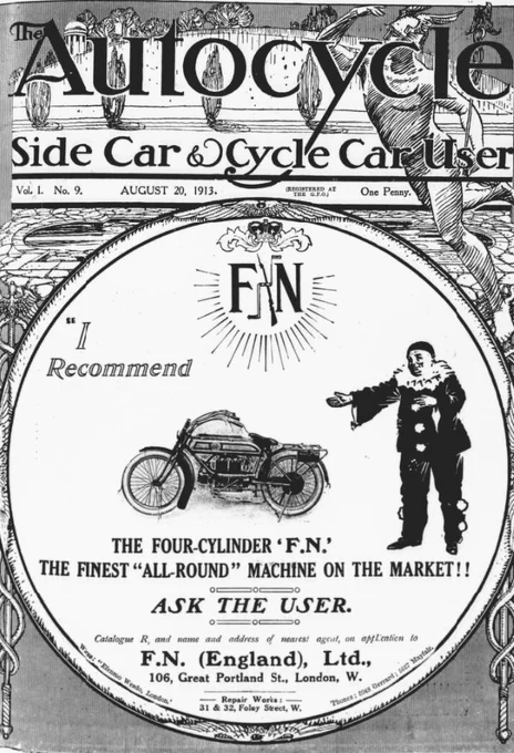 Black and white front cover of the Autocycle from 20 August 1913. With an elaborate masthead, the page features a large advert for the 'four-cylinder 'F.N.' motorcycle, which is depicted with a clown pointing at it.