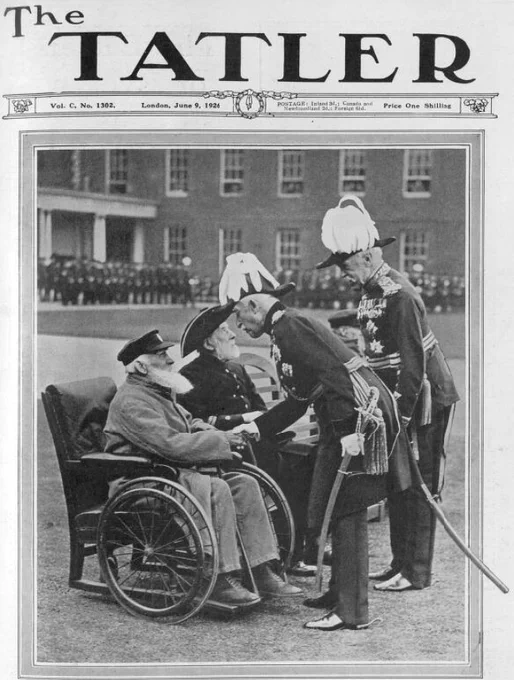 Cover of The Tatler magazine from June 9, 1926, featuring a scene with a Chelsea pensioner in a wheelchair shaking hands with a figure in military uniform. Two other uniformed figures stand nearby, and a building with an audience is visible in the background.