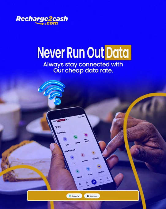 Promotional Recharge2Cash graphic featuring the message "Never Run Out of Data" on a blue background. 