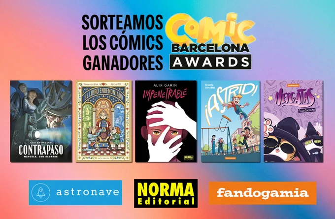 SORTEAMOS LOS CÓMICS GANADORES en los Cómic Barcelona Awards.
Portadas de CONTRAPASO: MAYORES, CON REPAROS; EL LIBRO ENDEMONIADO; IMPENETRABLE; ¡ASTRID! y MEIGATAS.