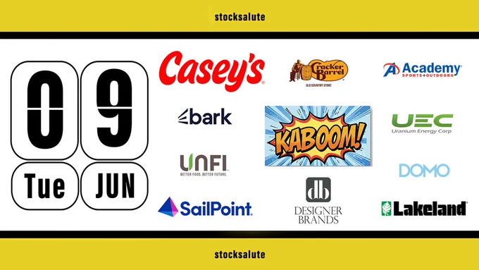 Stock Earnings Calendar for 09 June 2026. The design features a yellow top and bottom banner. The middle section has a "Kaboom!"-style funny cartoon design to emphasize epicness. The following company logos are visible: Casey's, BARK, UNFI, SailPoint, Designer Brands, Lakeland, Domo, UEC, Academy Sports   Outdoors, Cracker Barrel.