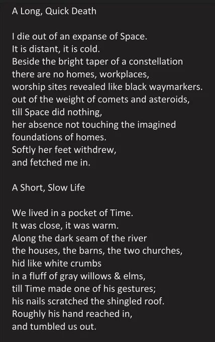 A Long, Quick Death

I die out of an expanse of Space.
It is distant, it is cold.
Beside the bright taper of a constellation
there are no homes, workplaces,
worship sites revealed like black waymarkers.
out of the weight of comets and asteroids,
till Space did nothing,
her absence not touching the imagined
foundations of homes.
Softly her feet withdrew,
and fetched me in.

A Short, Slow Life

We lived in a pocket of Time. 
It was close, it was warm. 
Along the dark seam of the river 
the houses, the barns, the two churches, 
hid like white crumbs 
in a fluff of gray willows & elms, 
till Time made one of his gestures; 
his nails scratched the shingled roof. 
Roughly his hand reached in, 
and tumbled us out.
