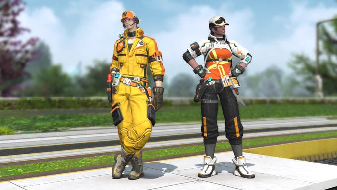 A Final Fantasy 14 screenshot of two characters wearing orange and yellow engineer-like garb.