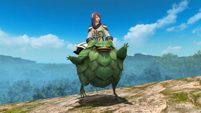 A Final Fantasy 14 screenshot of a female Hyur riding atop an Interstellar Leafkin, a large leafy creature with a beak.