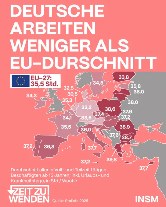 Eine Karte zeigt die durchschnittliche Wochenarbeitszeit in Europa.