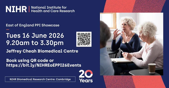 Event poster for East of England PPI Showcase on June 16, 2026, at Jeffrey Cheah Biomedical Centre from 9:20 AM to 3:30 PM.