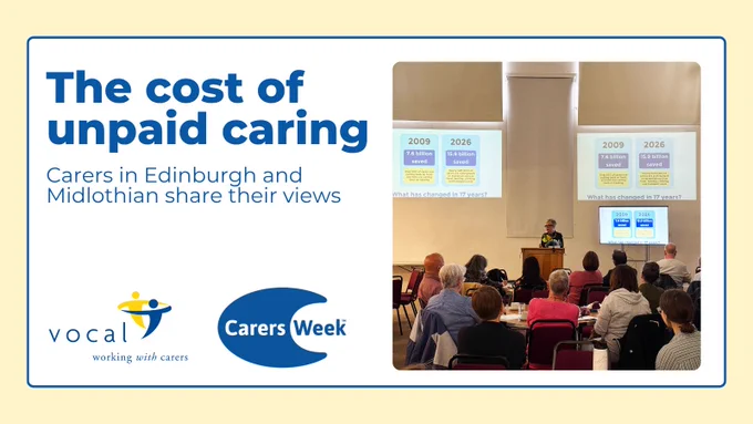 Audience listening to a speaker presenting data on unpaid caring costs during a Carers Week event in Edinburgh.