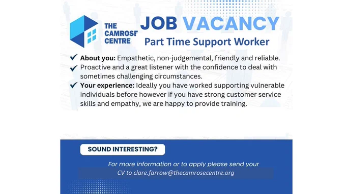Job vacancy for a Part Time Support Worker at The Camrose Centre. Apply by sending CV to clare.farrow@thecamrosecentre.org.