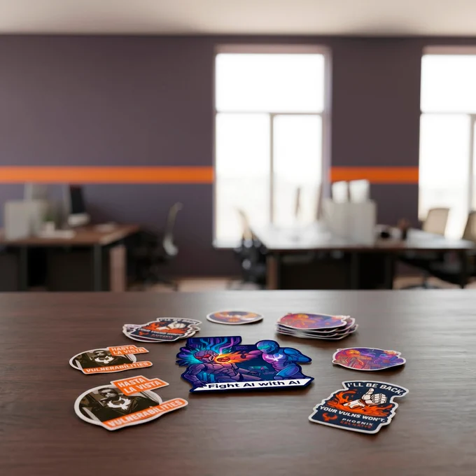 A flat lay of cybersecurity-themed stickers scattered on a dark wood desk in a modern office. The central sticker reads "Fight AI with AI" and features two robots fighting. Other stickers include "I'll Be Back, Your Vulns Won't" and "Hasta La Vista, Vulnerabilities". The blurred background shows a purple office wall with an orange horizontal stripe.