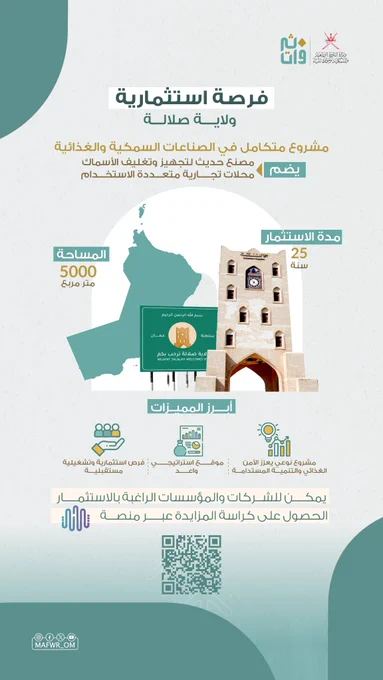 فرصة استثمارية واعدة في ولاية صلالة
مشروع متكامل يجمع في الصناعات السمكية والغذائية يشمل:
- مصنع حديث لتجهيز وتغليف الأسماك
- محلات تجارية متعددة الاستخدام
📍 بمساحة استثمارية تصل إلى 5000 متر مربع
📍 مدة الاستثمار: 25 سنة

أبرز المميزات:
•    مشروع نوعي يعزز الأمن الغذائي والتنمية المستدامة.
•    موقع استراتيجي واعد.
 •   فرص استثمارية وتشغيلية مستقبلية.

يمكن للشركات والمؤسسات الراغبة بالاستثمار الحصول على كراسة المزايدة عبر منصة "ثروات".

